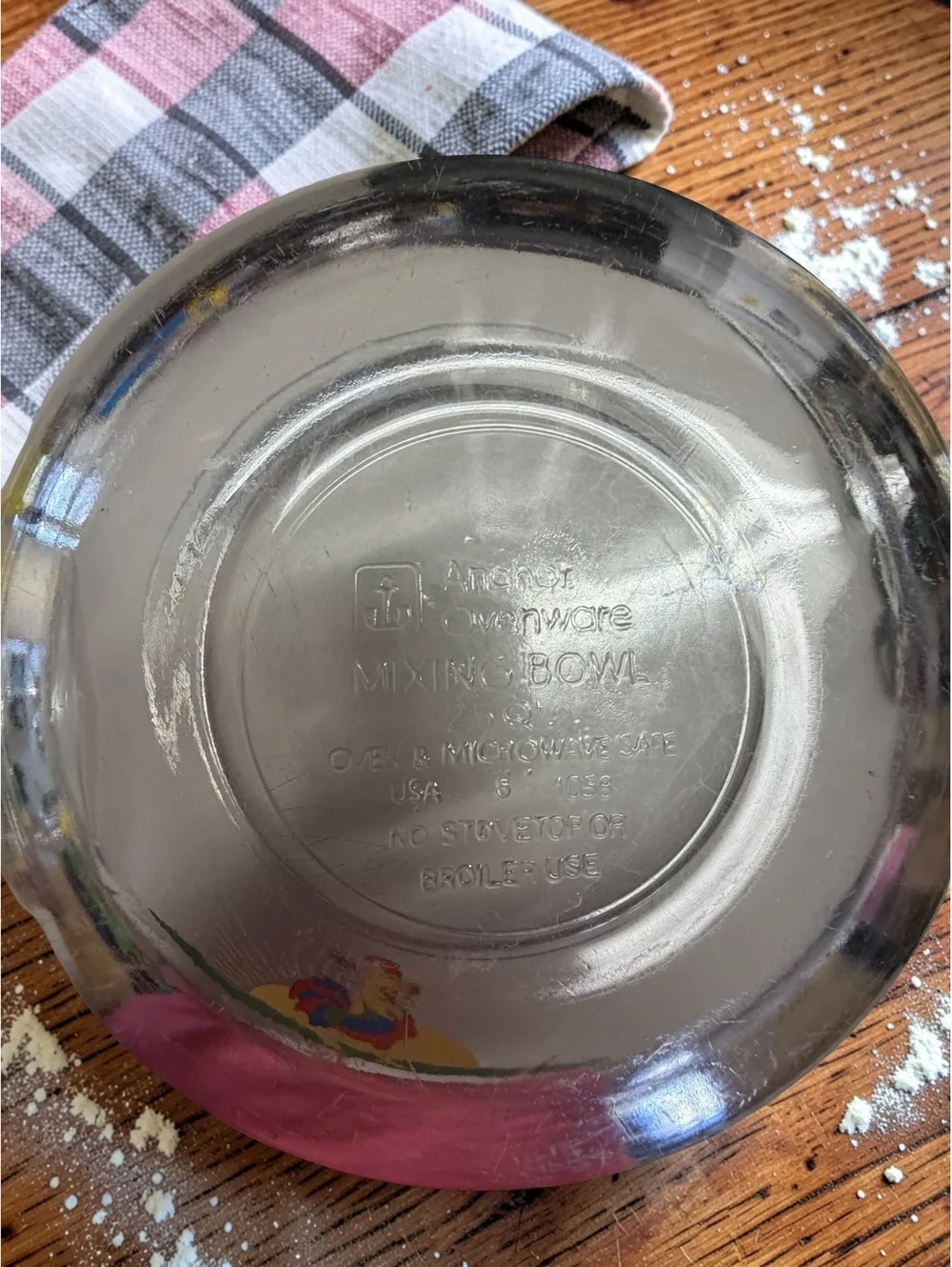 Vintage Anchor Hocking Rooster Mixing Bowls Set 1.5 & 2.5 Qt Clear Glass Sunrise